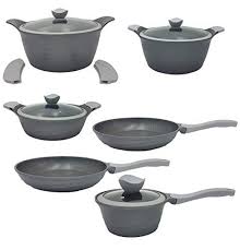 waltmann professionnel batterie de cuisine gris 12pcs facon pierre en fonte alu sans pfoa compatible tous feux dont induction couvercle en verre avec bor panelas