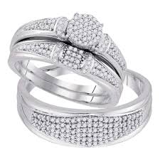 This womens and mens ring set features a 1/4ct center and 8 accent diamonds set in solid 10k white gold. 10k White Gold Round Diamond Cluster His Hers Matching Trio Wedding Las Villas Jewelry