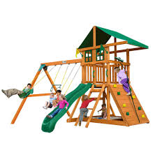 Gorilla Playsets Diy Outing Iii Treehouse Wooden Swing Set With Rock Wall And Sandbox Area 01 0060 The Home Depot In 2020 Wooden Playset Gorilla Playsets Wooden Swing Set