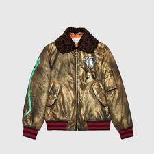 Gucci Guccighost Hand Painted Bomber Brown Jacket Men Leather Sleeve Jacket Leather Jacket Men