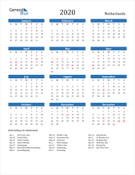 2020 Calendar Netherlands With Holidays