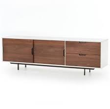 Characteristic color of walnut media console is between red and dark brown make it unmistakable. Manfred Mid Century White Lacquer Walnut Media Console Long Over 67 W Kathy Kuo Home