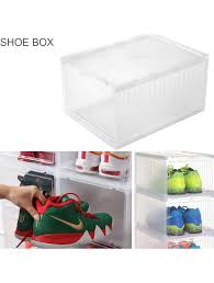 This storage bin with wheels has molded grooves for easy stacking. Dody Online Store Large Hard Plastic Shoe Box Stackable Clear Storage Container Heavy Duty White Local Pickup Local Shop Drop Shipping