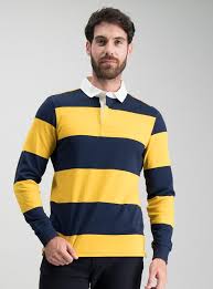 Pink rugby shirt from lazy oaf featuring stripe detailing down the front and an embroidered eyes logo at the chest. Menswear Mustard Navy Stripe Long Sleeve Rugby Shirt Tu Clothing