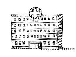 Hand Drawn Vector Drawing Of A Hospital Building Black And White Building Drawing Drawings School Posters