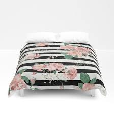 Black And Pink Roses Bedding Vintage Pink Roses Floral Black And White Striped Room Striped Duvet Covers Striped Duvet