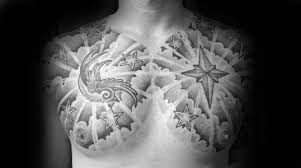 Sun's rays along with cloud tattoo: 50 Cloud Chest Tattoos For Men Blue Sky Ink Design Ideas
