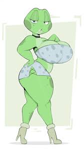 Rule 34 Dev - 2023 amphibian anthro big_breasts breasts cleavage clothed  clothing female footwear frog green_body hi_res high_heels  higher_resolution_at_source huge_breasts looking_at_viewer midriff original  original_character simple_background solo ...