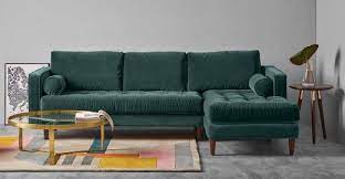 Scott 4 Seater Right Hand Facing Chaise End Sofa Petrol Cotton Velvet Made Com Green Sofa Living Room Green Living Room Decor Green Velvet Sofa