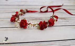 Handcrafted Red Pearl Flower Girl Crown Red Rose Headband Gold Bridal Halo Holiday Hair Wreath Bridesmaid Headpiece Christmas Girls Hair Red Flower Crown Red Rose Headband Red Flower Girl