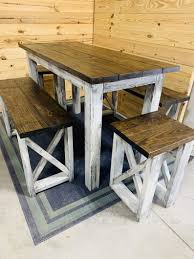 Tall Pub Height Farmhouse Table With Benches Dark Walnut Top And White Distressed Base Counter Height Dining Set With Stools In 2020 Farmhouse Table With Bench Farmhouse Kitchen Tables Tall Kitchen Table