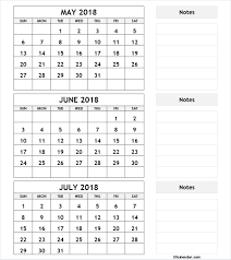 3 Month Calendar May June July 2018 With Notes July Calendar 3 Month Calendar Calendar Printables