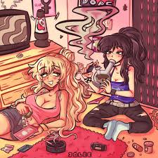 Rule 34 Dev - 2girls blonde_hair bong breasts brown_hair cigarette  class_of_09 cleavage drugs half_updo highres jecka_(class_of_09) joboqs  large_breasts lava_lamp long_hair medicine_bottle medium_breasts  multiple_girls navel_piercing nicole_( ...