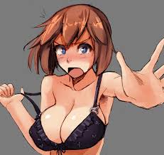 drawfag, kuso otoko, noccu, may (pokemon), creatures (company), game freak,  nintendo, pokemon, 1girl, bikini, bikini top only, black bra, blue eyes,  blush, bra, breasts, brown hair, caught, cleavage, embarrassed, grey  background, large