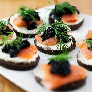 Mga resulta ng larawan para sa Cold appetizers such as Salmon canapies with caviar"