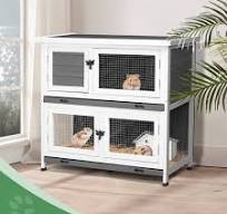 2 Story Outdoor Solid Wood Rabbit Hutch Bunny Cage with 2 Large Main Rooms,  Grey