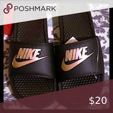 Black And Rose Gold Nike Slides Nike Benassi Jdi Slide Sandal Black Rose Gold In 2020 Black Sandals Gold Nike Slides Nike Benassi