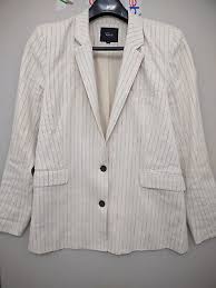 Rails Blazer Womens M Ivory Stanton Pinstripe Surgeon Cuff Linen Blend  Oversized