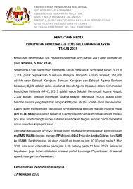 Berita baik buat murid dan ibu bapa / penjaga, anda kini boleh menggunakan perkhidmatan yang disediakan oleh lembaga peperiksaan malaysia bagi menyemak keputusan peperiksaan sebenar seperti upsr, spm, spm(u) dan stam. Lembaga Peperiksaan Rasmi Kenyataan Media Rasmi Pengumuman Keputusan Peperiksaan Sijil Pelajaran Malaysia Tahun 2019 Pada Khamis 5 Mac 2020 Spm2019 Facebook