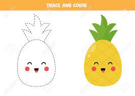 Here is the coloring page version: Trace And Color Cute Kawaii Pineapple Coloring Page For Kids Handwriting Practice For Preschoolers Learning To Write And To Draw Royalty Free Cliparts Vectors And Stock Illustration Image 151015078