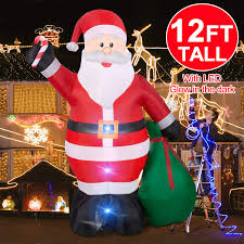 Made of polyester fabrics, weather proof and fade resistant, plug into any 110 ac outlet. Christmas Inflatables Giant 12 Foot Inflatable Santa Claus With Gift Bag With Led Light For Christmas Yard Decoration Indoor Outdoor Yard Lawn Xmas Party Decoration Cute Fun Xmas Holiday Party Blow Up