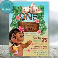 Editable Disney Princess Moana First Birthday Invitation Diy Bobotemp