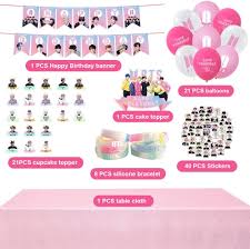 The color scheme and design are, like many of. Toys Games 40 Stickers 1 Tablecloth Bts Birthday Party Supplies Set With 22 Cake Topper Cupcake Toppers 1 Birthday Banner 8 Bracelet 21 Balloons Party Supplies