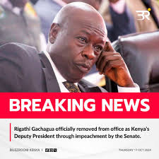 Hospitalized Rigathi Gachagua officially removed from office as Kenya's  Deputy President through impeachment by the Senate. This is after Senate  voting to pass the first charge of his impeachment grounds. Of the