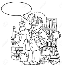 coloriage image du scientifique drole ou inventeur un vieil homme dans des verres avec livres dossiers microscope et telescope a souleve l index serie profession vecteur childrens illustration clip art libres pour les bottes nicholas