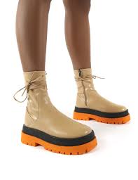 Vegan nubuck booties feature an almond toe, a low block heel, and a decorative side zipper. Finale Camel Pu Multi Chunky Sole Ankle Wrap Boots Public Desire Public Desire Eu