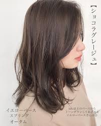 ショコラグレージュ イエローベースの方は10lv以上が似合うのですが お仕事などで暗くしなければいけない方は それくらいの明るさのベースから濃い色を入れてあげて 赤みのないブラウンにしてあげると 肌質に合い美白に見えます 髪 色 最新ヘアスタイル ヘアカラー