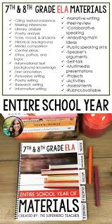 7th 8th Grade English Language Arts Resources For Entire School Year Editable Middle School Writing Middle School Reading 8th Grade English
