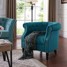 Amazon Com Domesis Chapman Linen Tufted Accent Chair Peacock Blue Kitchen Dining