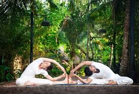 Couple Yoga In The Garden Couple Yoga Of Men And Women In White Cloth Doing Par Aff Men Women White Yoga Couple Couples Yoga Yoga Yoga Vacation