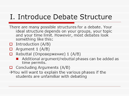 This is the standard format of a debating matters debate, and is the chairperson introduces the debate and the judges before introducing each debater in turn (students. Using Debates In English Lessons A Communicative Approach Ppt Download