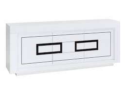 Fait de bois solide peint blanc, le meuble est muni de deux portes à fermeture lente complémentées avec poignées épurées au fini. Buffet 2 Portes 3tiroirs Riva 2 Blanc Noir Buffet But