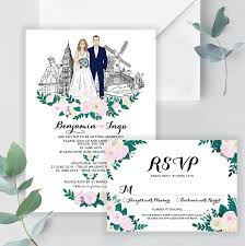 Illustrated Wedding Invitation Custom Illustration Couple Drawing On Invite Portrait Non Traditional Invite Set Custom Illustrated Couple