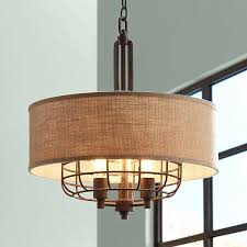 Tremont Rust Cage Pendant Chandelier 20 Wide Industrial Rustic Tan Burlap Drum Shade 3 Light Fixture For Dining Room House Foyer Kitchen Island Entryway Bedroom Living Room Franklin Iron Works Amazon Com