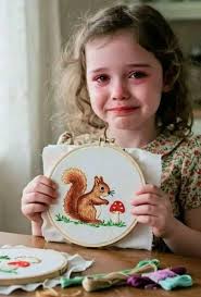 Her very first embroidery—stitched with care, hope, and tiny hands 🧵💛🐿️.  She just wanted someone to say, “It's beautiful.” But the silence left her  in tears 💔😢.
