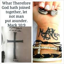 Our New Matching Wedding Tattoos Same Cross Verse Mark 10 9 What God Has Joined Together Let No Man Put Asu Wedding Matches Mark 10 9 Wedding Tattoos