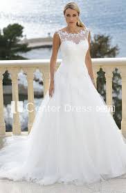 Scoop Floor Length Appliqued Tulle Wedding Dress With Court Train And Illusion