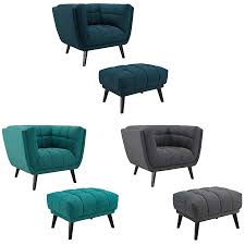 Mid Century Lounge Arm Chair Ottoman Tufted Fabric Ottoman Gray Teal Blue Ebay