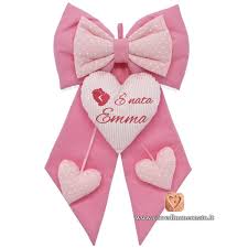 Bellissimo Fiocco Rosa Con Cuore A Righe E Ricamo Frase Nascita Per Emma Fiocchi Rosa Emma Fiocchi