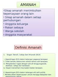 77 dasar bersih, cekap dan amanah 9/17/2018 dasar bersih, cekap dan amanah bersih bermoral, berkecuali, tidak khianat dan irihati cekap proaktif, mahir, cepat, tepat dan berkualiti amanah rela, ikhlas, gigih, jujur. Nilai Amanah