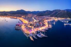 Stock Image Details Ist 17422 02078 Aerial View Of Boats And Beautiful City At Night In Marmaris Turkey Panoramic Landscape Aerial View Night City Aerial