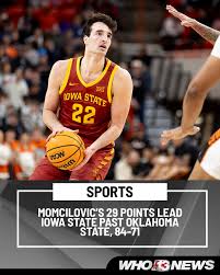 Milan Momcilovic scored 29 points, and No. 9 Iowa State defeated Oklahoma  State 84-71 on Saturday. Click the link below for game details.
