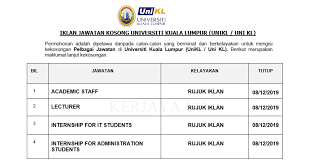 +6 03 2615 4100 corporate.kl@utm.my Jawatan Kosong Terkini Universiti Kuala Lumpur Unikl Administration Students It Students Lecturer Academic Staff Pelbagai Jawatan Lain Kerja Kosong Kerajaan Swasta