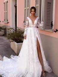 Long Sleeves Wedding Dress Exquisite Long Lace Sleeves Design Wedding Dress With Light Champagne Underlay Bohemian V Neck Wedding Dress Wedding Dress Long Sleeve Long Train Wedding Dress Wedding Dresses Lace