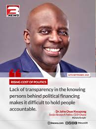 Lack of transparency in knowing persons behind political financing makes it  difficult to hold people accountable,” says Dr. John Osae Kwapong of  CDD-Ghana, underscoring a key challenge in campaign finance reform.  #3NewsGH #