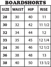 Captain Fin Size Chart Boardshorts